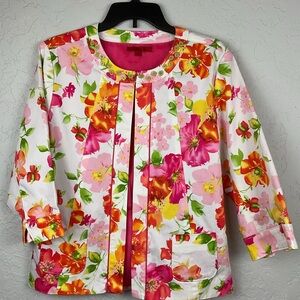 Joni B Bright Colorful Floral Blazer 3/4 Sleeves Button Embellishment